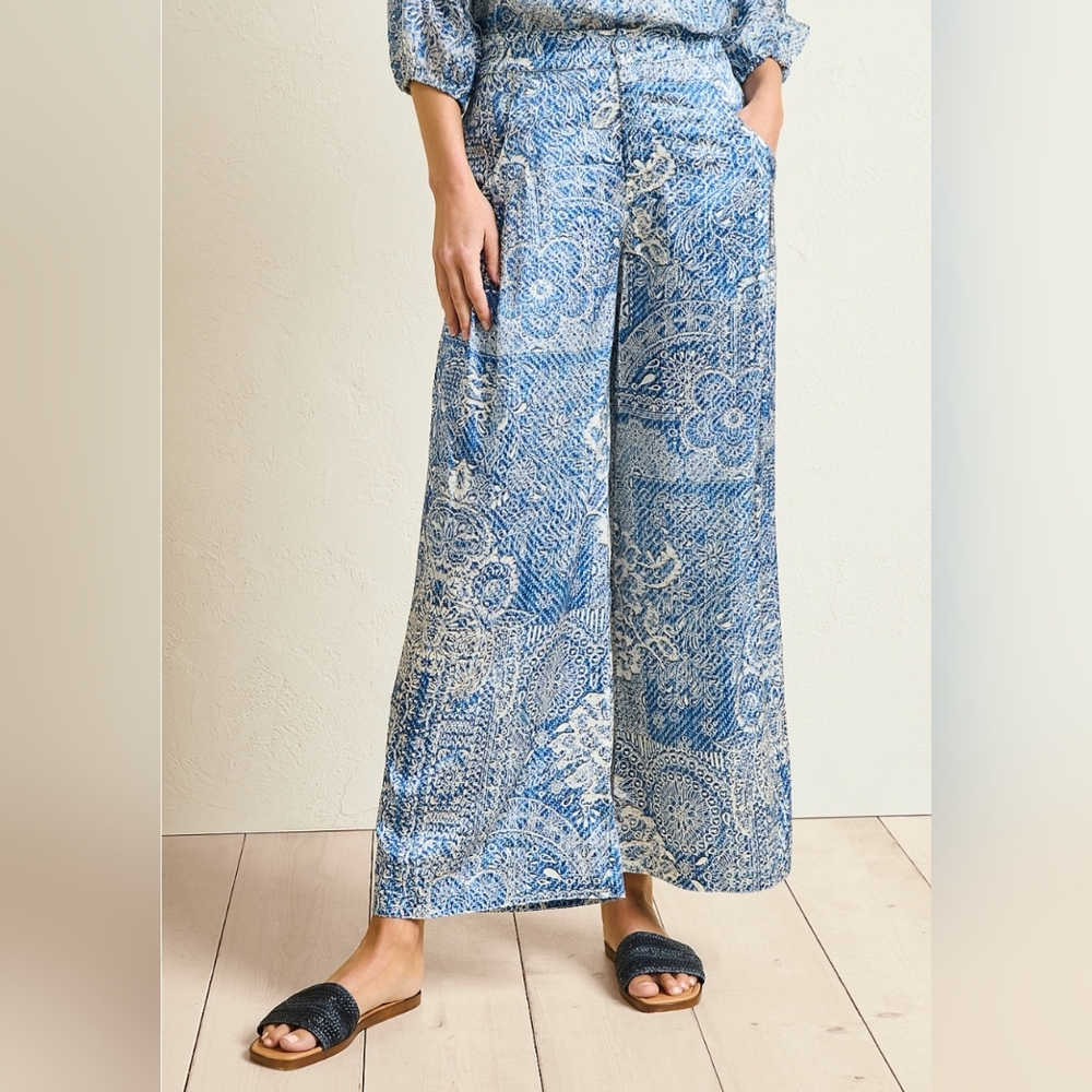 Johnny Was Pants XL Blue Denim Print Silk Lauchlen Wide Leg Bohochic New $295